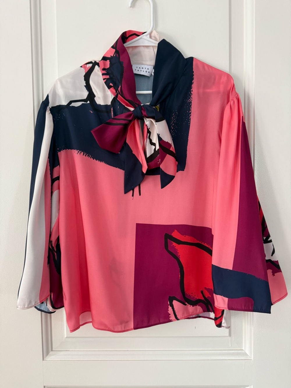 Tanya Taylor Avril Pink Navy Floral Tie-Neck Blouse